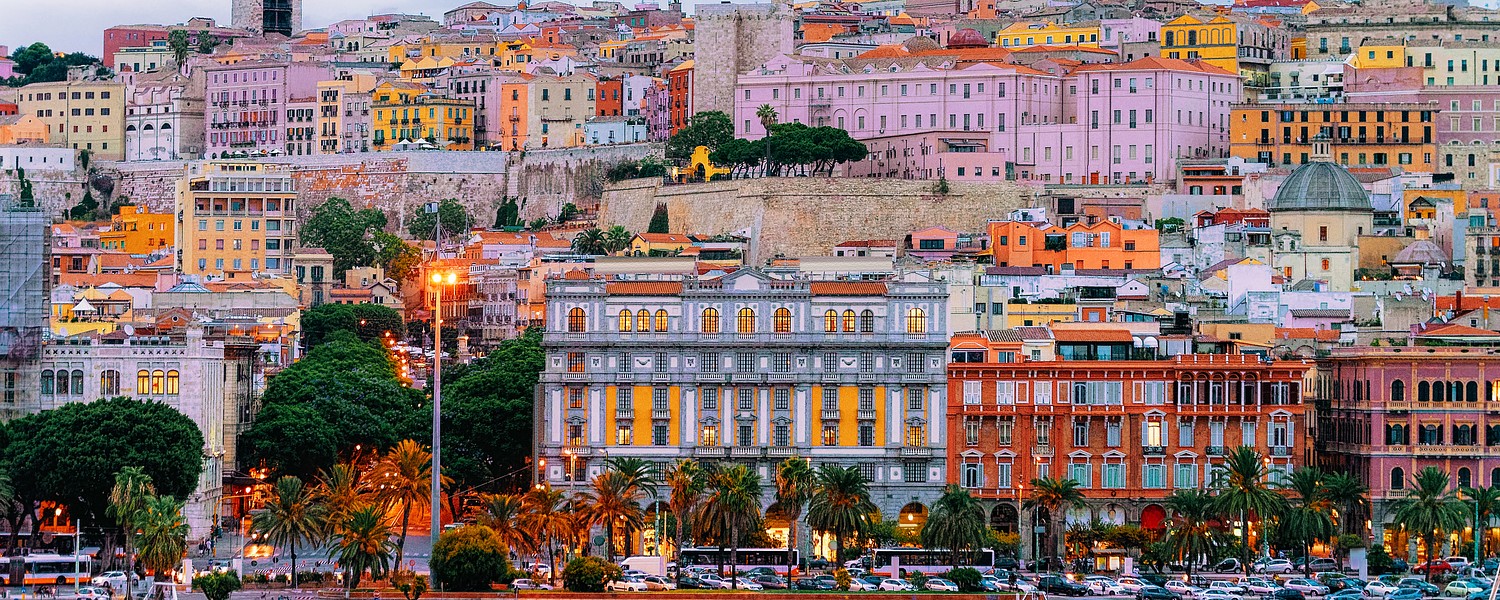 view of the buildings in Cagliari rising up the hill