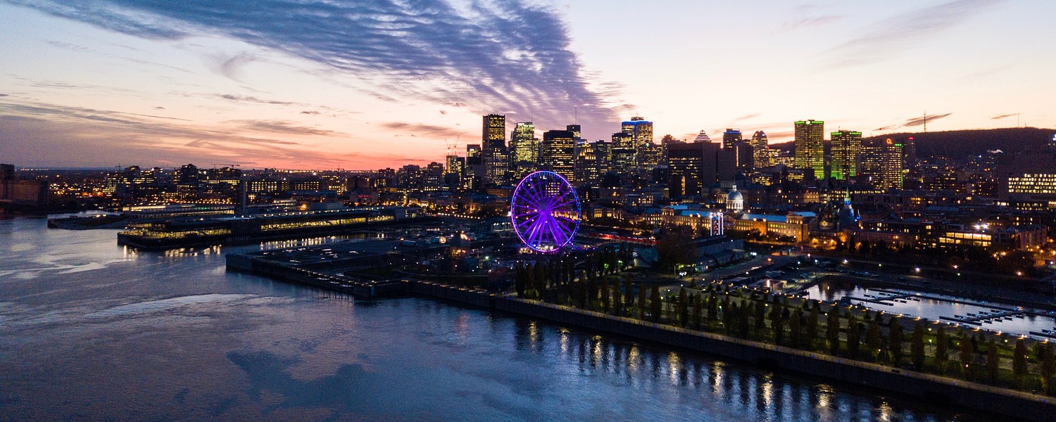 aerial view of Montreal skyline at dusk