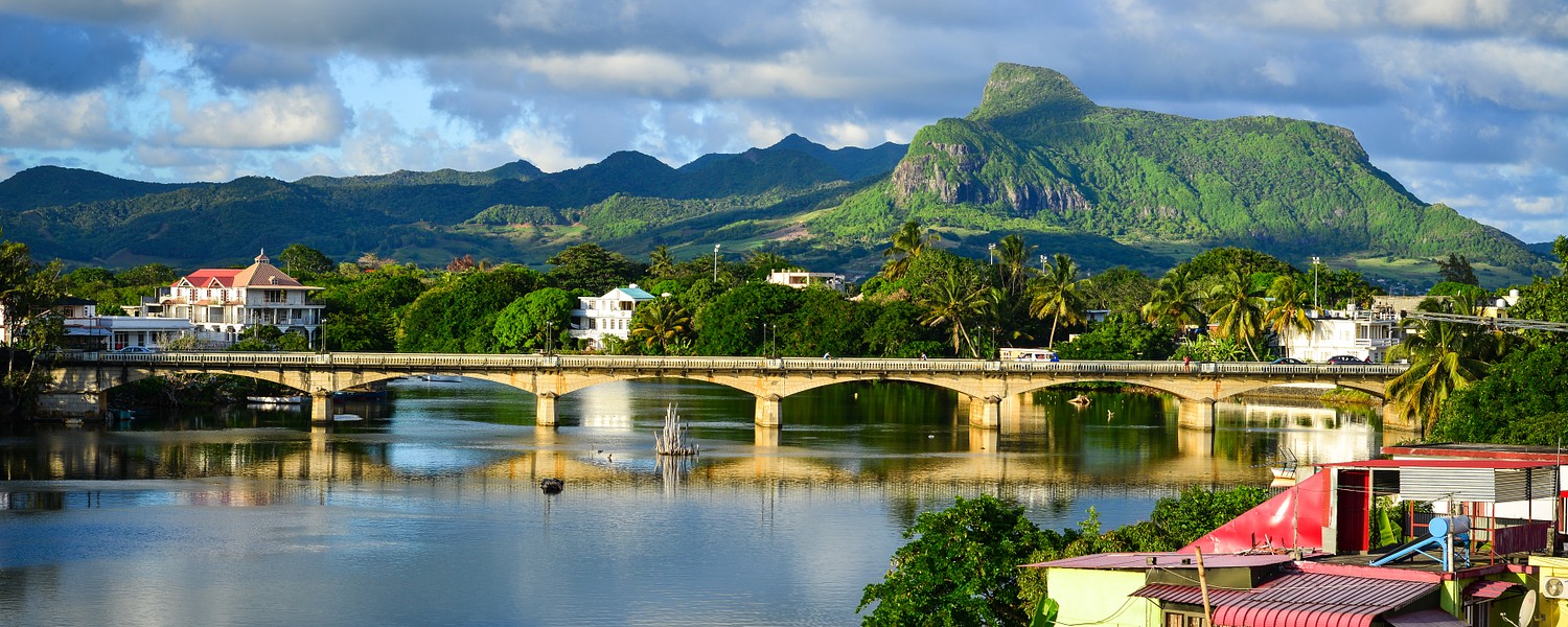River scene with mountains in Mahebourg at Mauritius