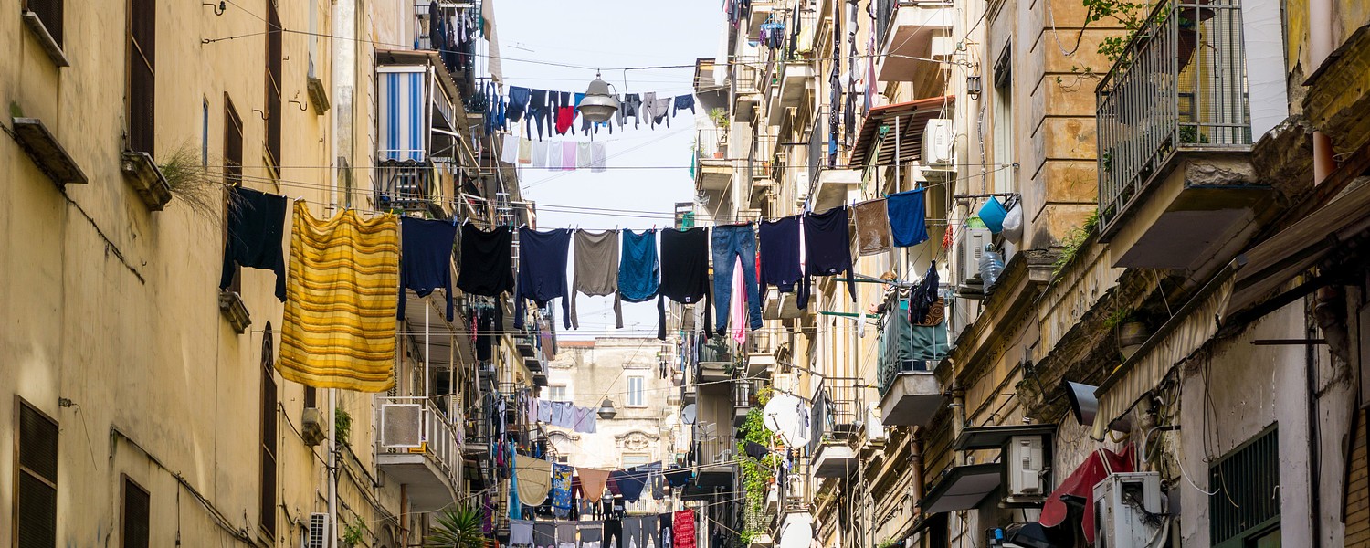 Clothes hanging outside houses in Naples, Italy