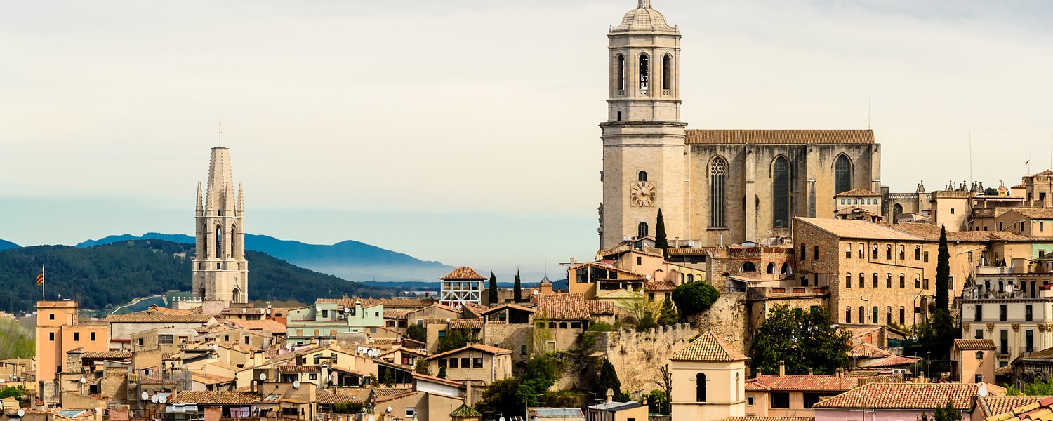 A city view of Girona, rooftops and cathedral. Girona, Spain