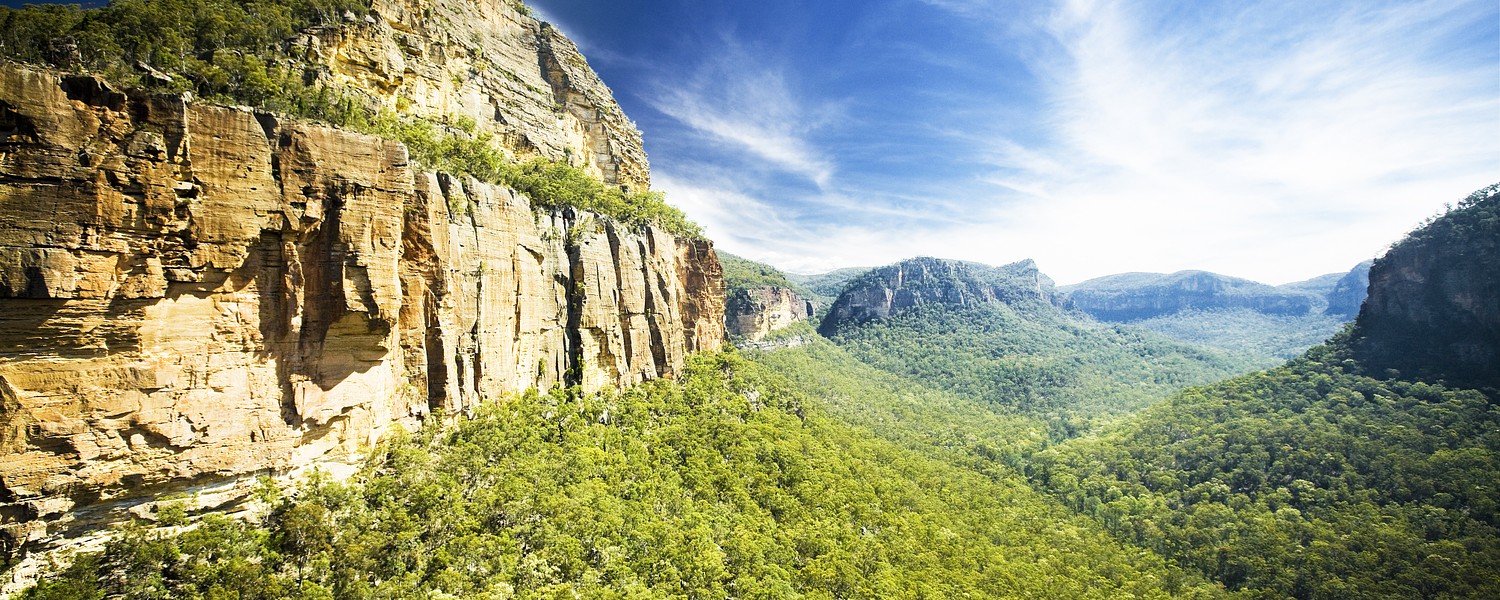 Aerial view of Sandstone escarpments and valleys near Newnes, Blue Mountains