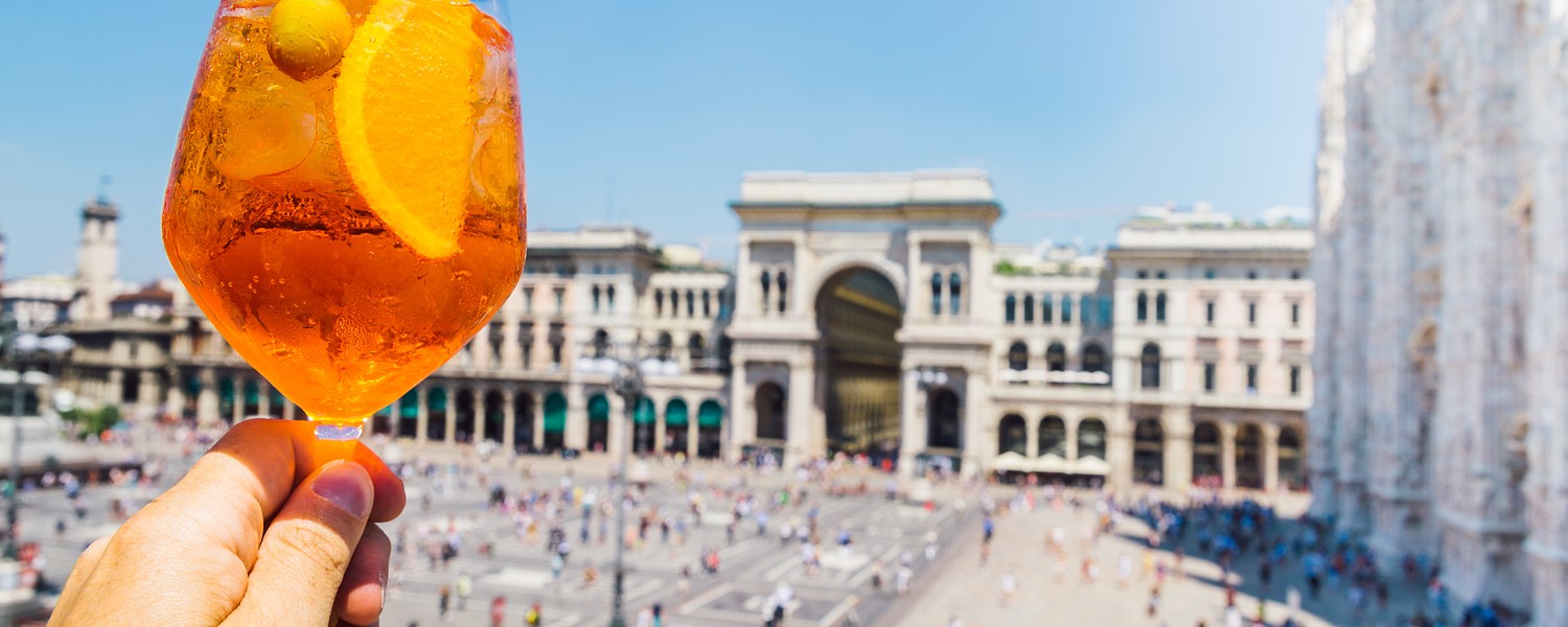 Cocktail with a view of Piazza Duomo, Milan, Italy