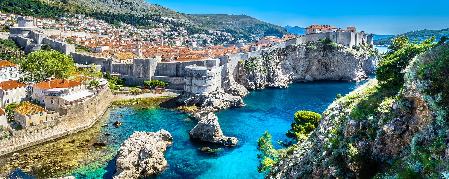 Aerial panoramic view at famous european travel destination, Dubrovnik cityscape on Adriatic Coast, Croatia. / Selective focus.